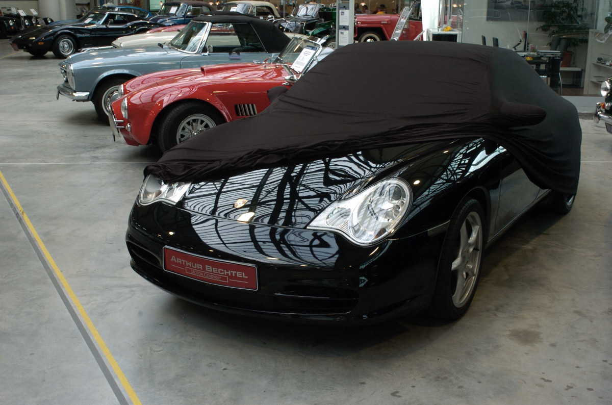 Porsche Cayman GT4 718 - Bj.von 2019 bis heute - MOBILWERK INDOOR COVER SOFTKONTUR -SCHWARZ mit Keder Grau-