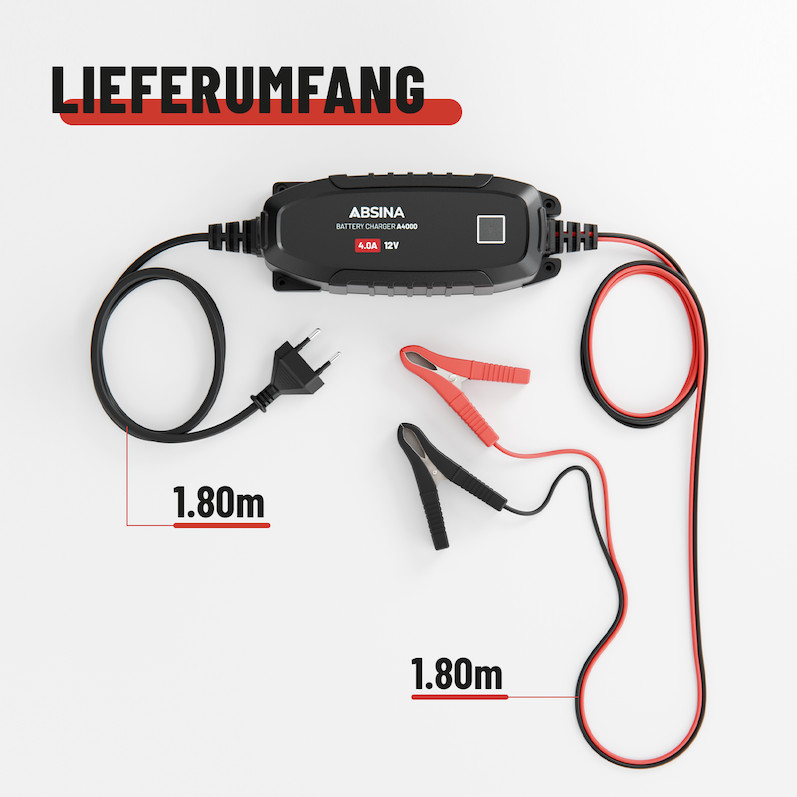Batterie-Ladegerät /Erhaltungslader 4,0A  Auto, Motorrad, Wohnmobil für Batterien bis 120Ah, 12V incl. Zubehör, ABSINA A4000
