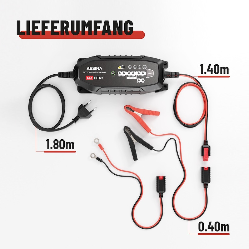 Batterie-Ladegerät / Erhaltungslader 3,8A für Auto & Motorrad 6V & 12V  incl. Zubehör, ABSINA